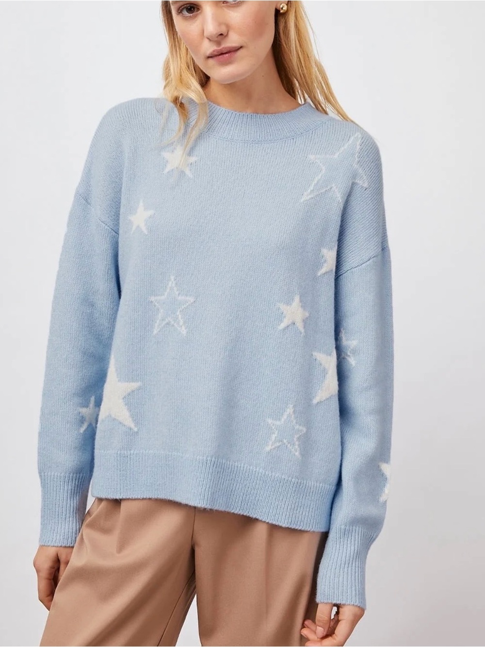 Rails Light Blue Star-Pattern Crewneck Cashmere Sweater
